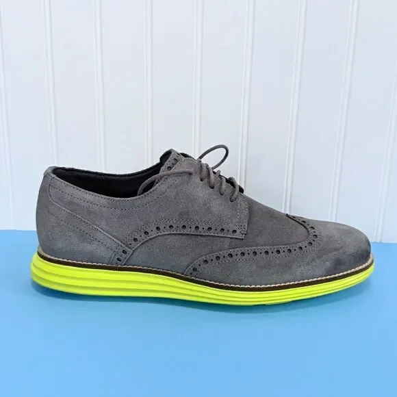 Cole Haan Grand.OS gray Suede Wingtips Yellow Sole Shoes Men's 9 1/2 M - Picture 7 of 17